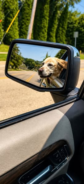 A happy dog with its head outside a car window, seen in the side mirror, enjoying a sunny day on a road.