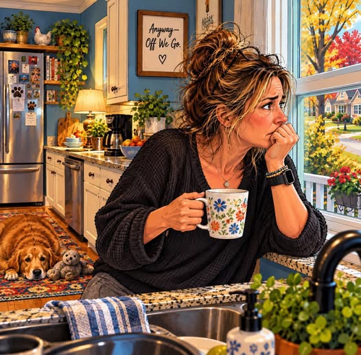 A woman with tousled hair sits in a cozy kitchen, holding a mug and looking thoughtfully out a window. A golden retriever lies on the floor nearby, accompanied by stuffed toys. The kitchen is bright with blue walls and autumn scenery visible outside.
