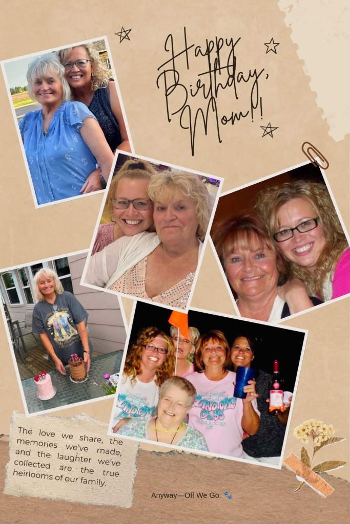 A collage celebrating a mother's birthday with heartfelt messages and photos of family members enjoying special moments together.