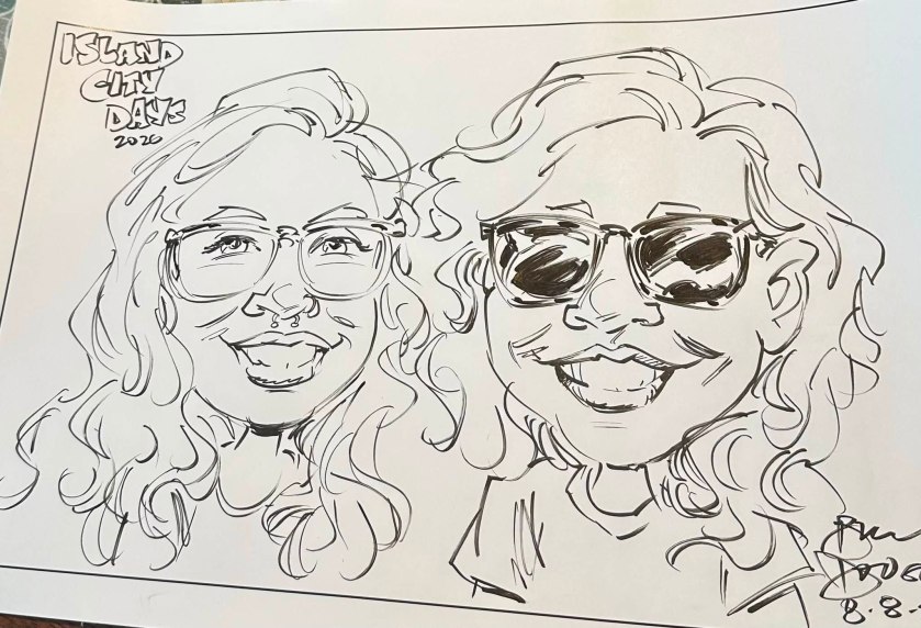 A black and white caricature drawing of two smiling individuals with curly hair, one wearing glasses and the other in sunglasses, labeled 'Island City Days 2020'.