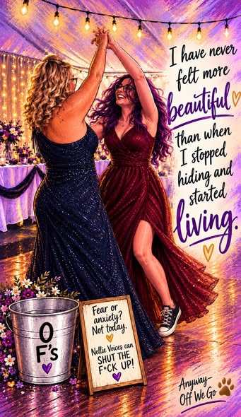 Two women wearing stylish dresses dancing in a beautifully decorated venue with string lights, accompanied by inspirational text about beauty and self-acceptance.