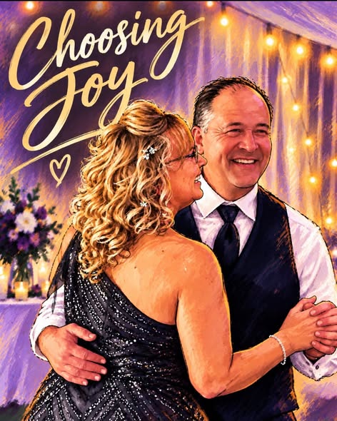 A couple joyfully dancing together at a celebration, with twinkling lights and floral decorations in the background. The text 'Choosing Joy' is artistically displayed above them.