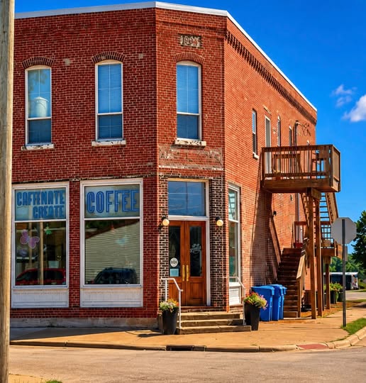 A brick building on a corner with a coffee shop featuring large windows and a staircase on the side leading to a second floor.