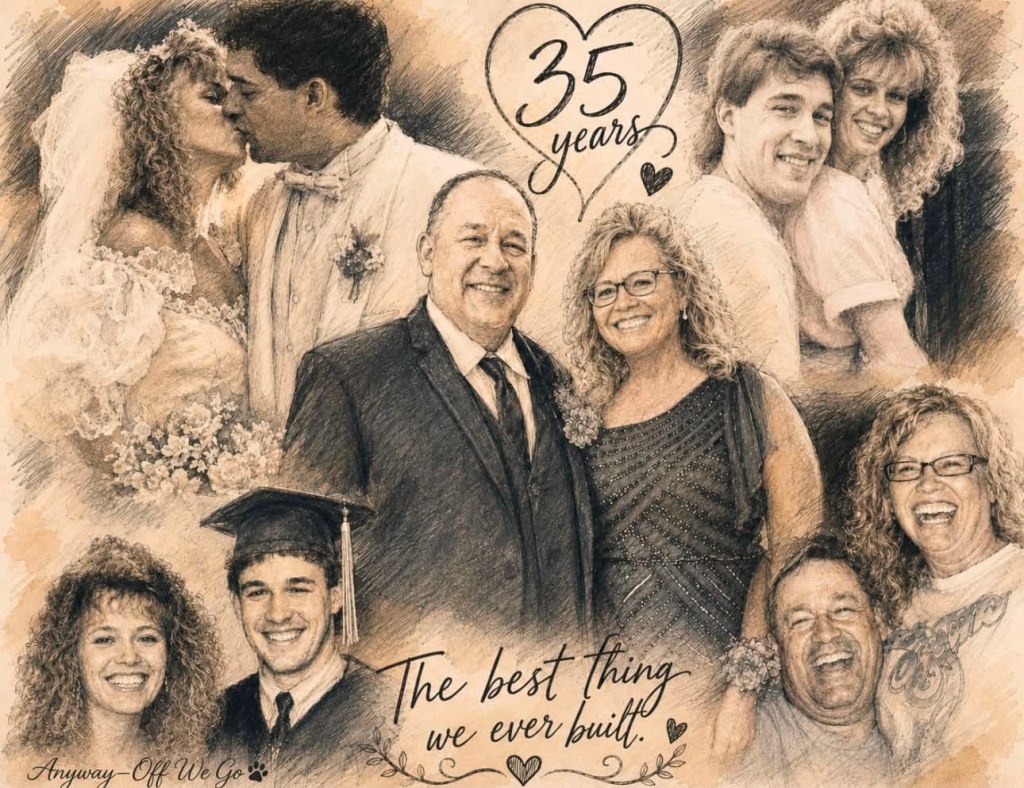 A collage celebrating 35 years of love, featuring a wedding kiss, family milestones, and joyful moments, with text that reads 'The best thing we ever built.'